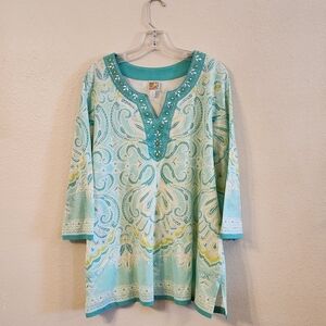 JM Collection 3/4 Sleeve Teal Paisley Design Tunic Shirt. Embellished Sz 2X NWOT